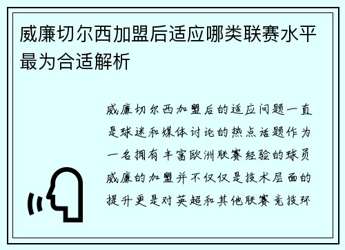 威廉切尔西加盟后适应哪类联赛水平最为合适解析